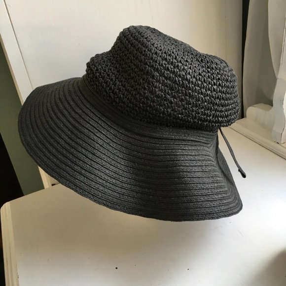 RN#87429 Accessories - Black Wide Brim Floppy Sun Hat Grommets Black Ribbon